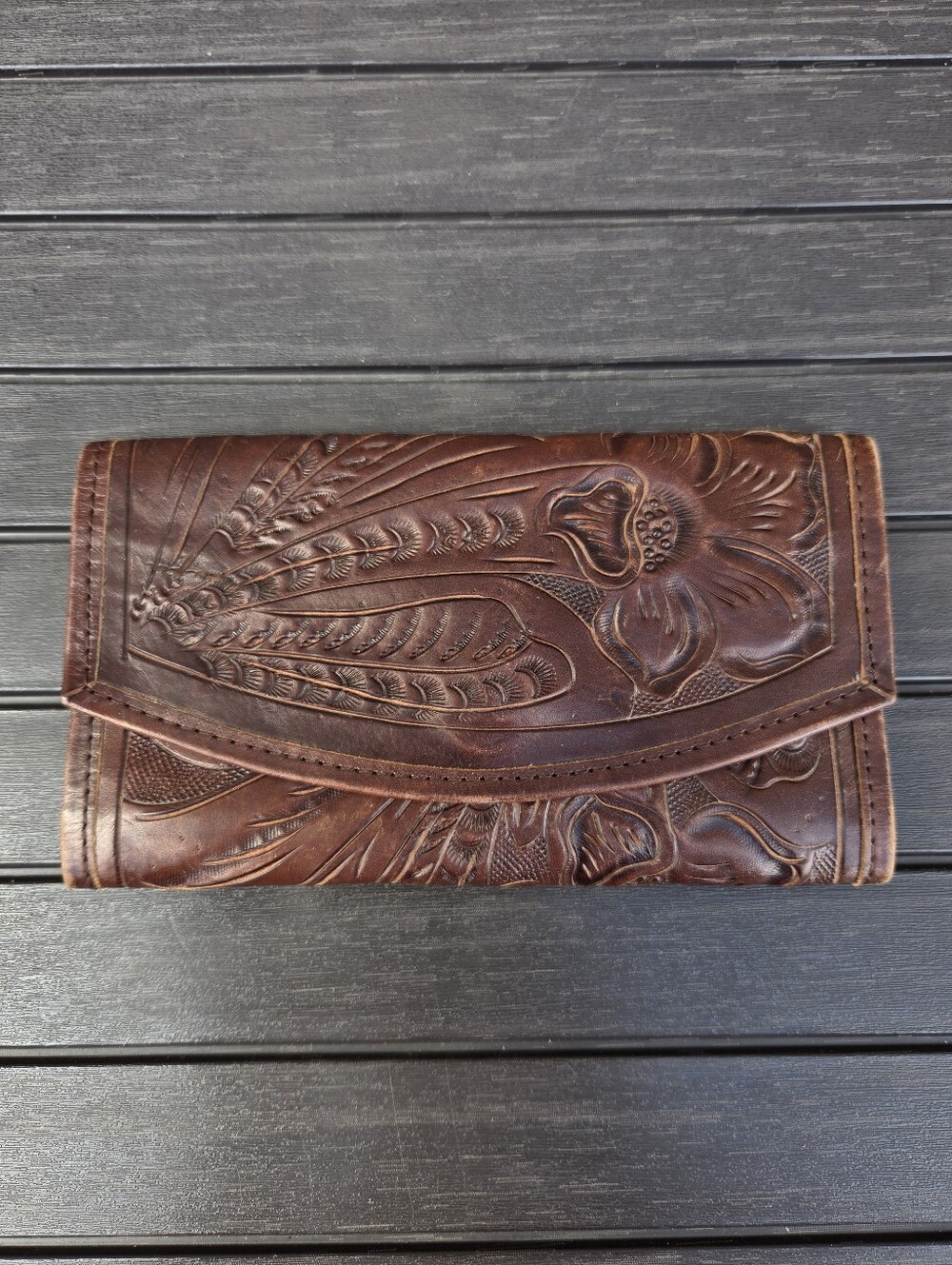 Vintage Leaders in Leather Tooled Brown Trifold Floral Checkbook Wallet Paraguay